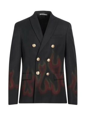 Palm Angels Black Double-Breasted Blazer with Flame Graphic